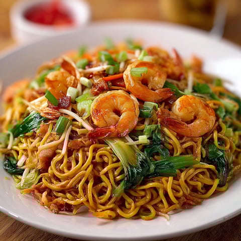 Une plate de nouilles chinoises aux crevettes, servie sur une table.