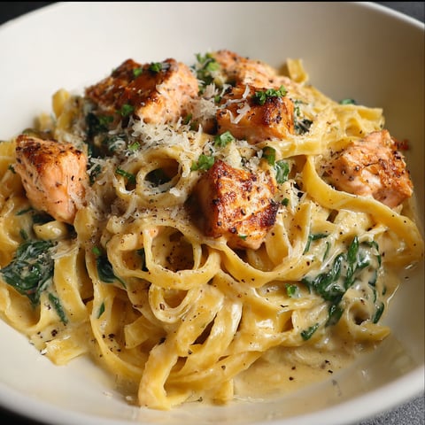Une assiette de pâtes au saumon crémeuses et sauce Alfredo Cajun, servie sur une table noire.