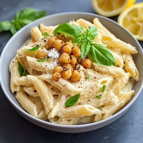 Une assiette de pâtes au citron et à la crème de cajou.