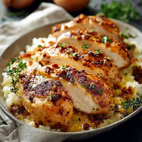 Chicken breasts cooked in a pan with herbs and spices, served with rice and vegetables.