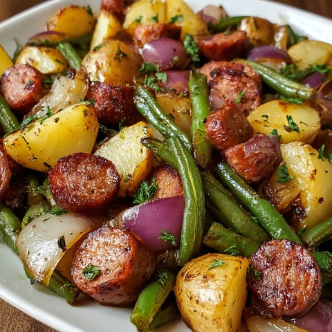 Un délicieux repas unique de saucisses, haricots verts et pommes de terre.