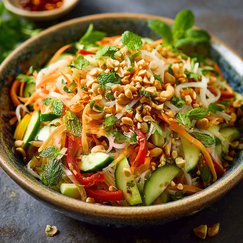 Une salade Thaïe composée de carottes, de cucumbers, de poivrons et de noix de cajou.