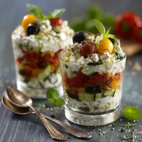Verrines poivron: deux verrines remplies de salade de poivrons, de tomates, de cucumbers et de fromage feta.