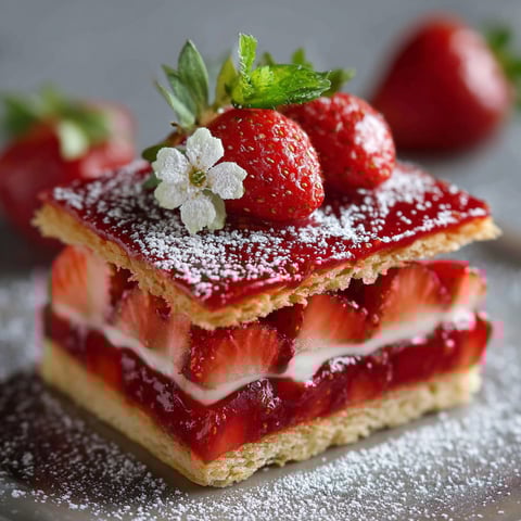 Un délicieux Carrés aux fraises, garnis de cerises et de pétales de roses, est présenté sur un plateau.