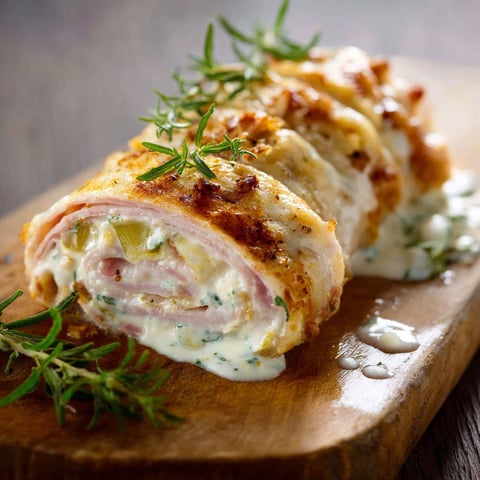 Roulés de porc avec des herbes et des légumes, servis sur une planche de bois.