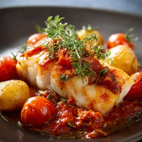 Une recette de Cabillaud aux tomates et herbes, servie sur un plateau noir.