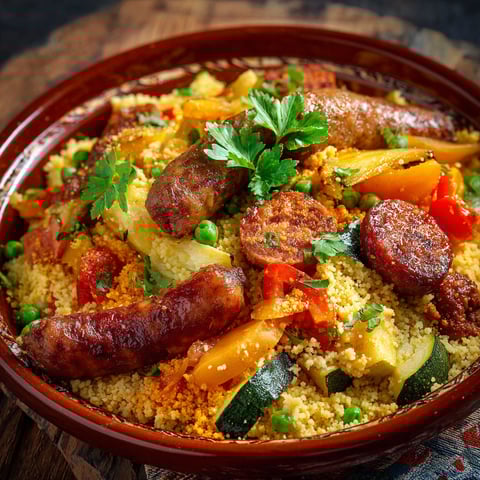 Une recette de Couscous facile, avec des légumes et des viandes, est servie dans un bol coloré.