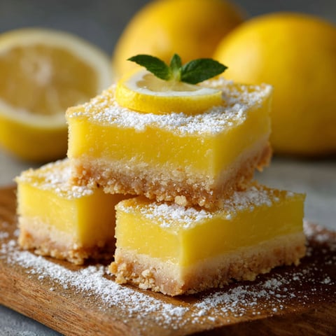 Des carrés de citron garnis de menthe et de sucre, présentés sur un plateau de bois.