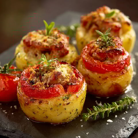 Pommes et tomates farcies, avec des herbes et des épices, servent de plat principal pour une soirée gourmande.