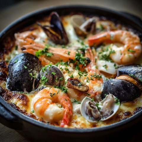 Une cassolette de fruits de mer et de crustacés, avec des moules, des huîtres et des moules.