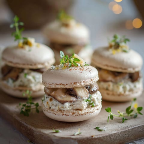 Macarons de mushrooms sur un plateau de bois.