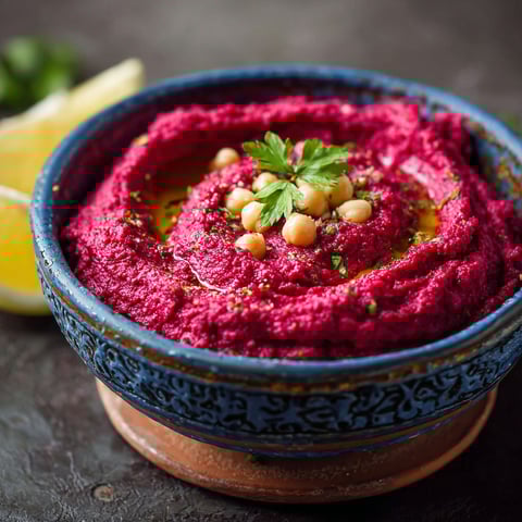 Un plat de houmous de rouge est présenté dans un bol bleu.