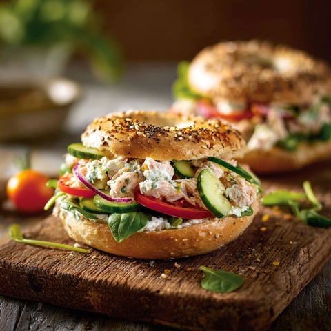 Bagel au Thon avec des légumes frais et du thon.