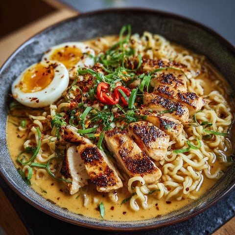 Une recette de Ramen au poulet et aux légumes, servie dans un bol noir.