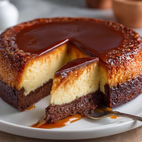 Une portion de gâteau Impossible, avec une tranche en dessous.