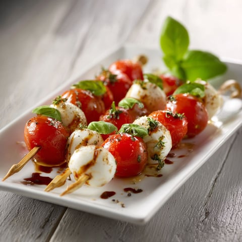 Des brochettes Caprese sur une plaque de porcelaine.