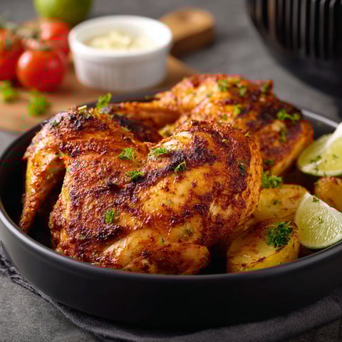 Un dish de poulet grillé avec des légumes et des herbes, accompagné d'une sauce blanche.