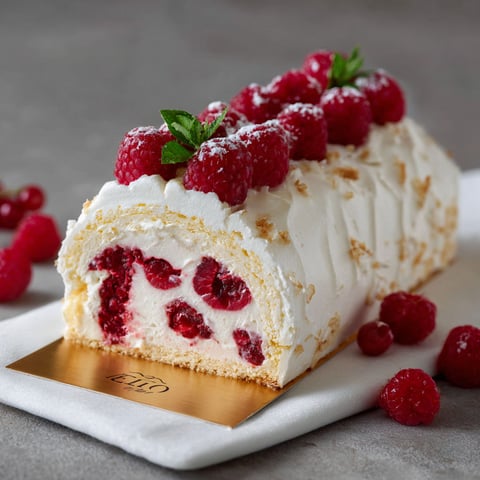 Une délicieuse tarte aux fraises en forme de spirale, garnie de fraises rouges et de crème chantilly, est servie sur un plateau doré.