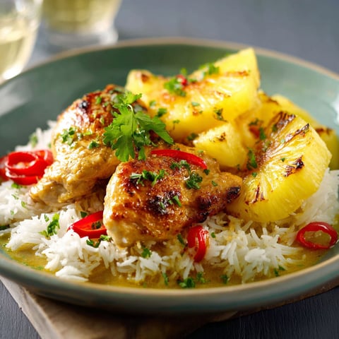 Une assiette de poulet Ananas, avec des ananas grillées et des herbes vertes, est servie sur une table.