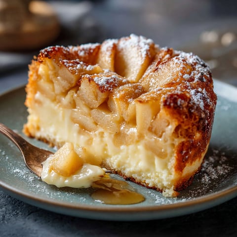 Une tart aux pommes, garnie de sucre et de crème, est servie sur un plateau.