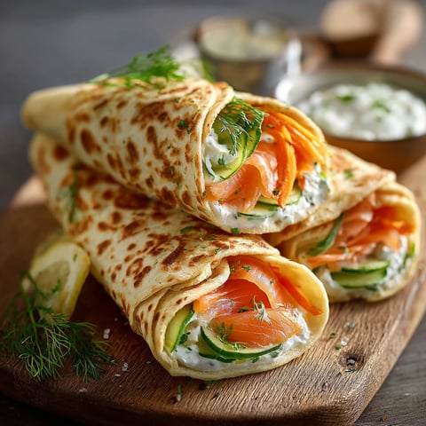 Wraps de poisson et de zucchini, avec une sauce et une garniture de cilantro, sur un plateau de bois.