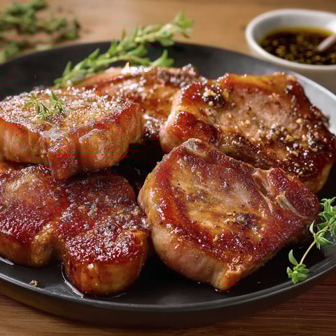 Côtelettes grillées avec sauce et herbes.