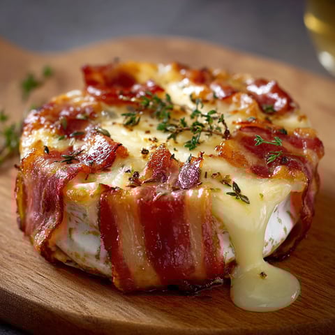 Une tartine de camembert sur une planche de bois avec des herbes et du bacon.