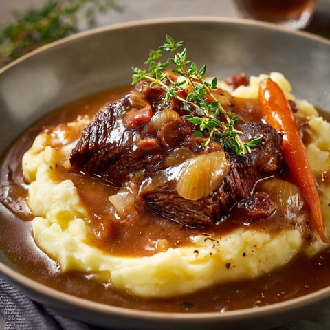 Une recette de bœuf est servie sur un plateau avec des pommes de terre et des carottes.