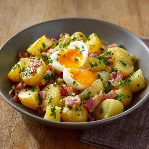 Une salade de pommes de terre et de bacon, avec un œuf entier au centre.