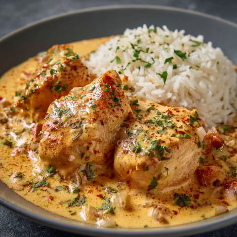 Un plat de poulet avec des légumes et des riz.