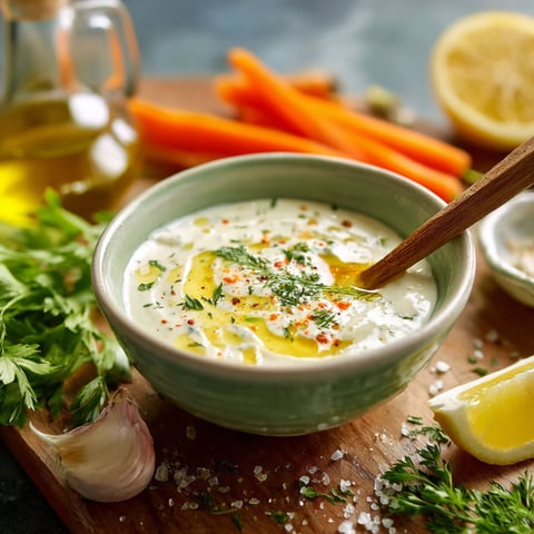 Une sauce légère est servie dans un bol sur une table avec des légumes et des citrons.