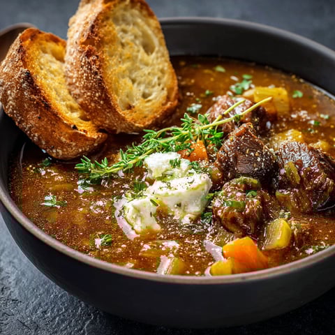 Une soupe chaude avec des tranches de pain et des herbes.