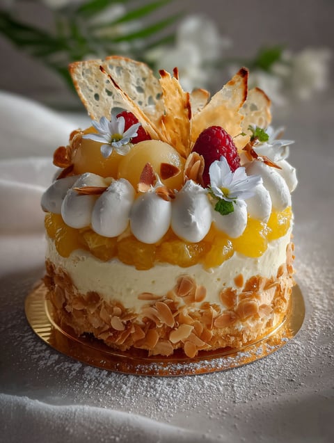 Une tarte aux fruits frais et délicieuses, avec des fruits tels que des fraises, des oranges, des amandes et des raisins, est servie sur un plateau doré.
