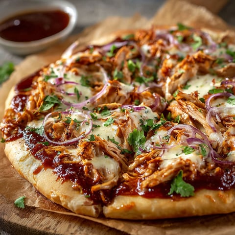 Une pizza BBQ est servie sur une plaque de bois.