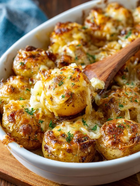 Une recette de casserole de pommes de terre et de potiron, servie dans un bol en bois.