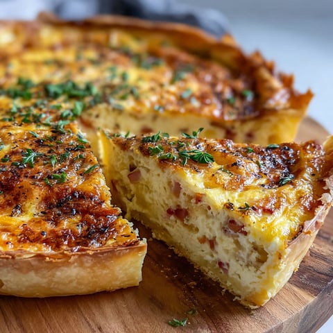 Une recette de quiche est servie sur un plateau de bois.