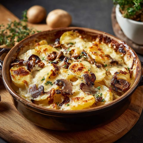 Une tartiflette chaude et savoureuse, composée de pommes de terre, de reblochon et de champignons, est servie dans un bol en terre.
