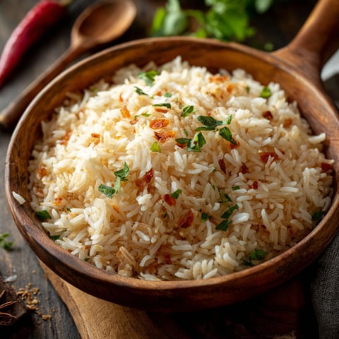 Un plat de riz créole est présenté sur une table, avec des herbes vertes et des épices ajoutées pour donner une saveur unique et délicieuse.