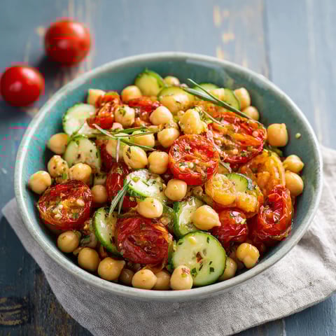 Une salade de tomates, aubergines et chickpeas, servie dans un bol bleu.