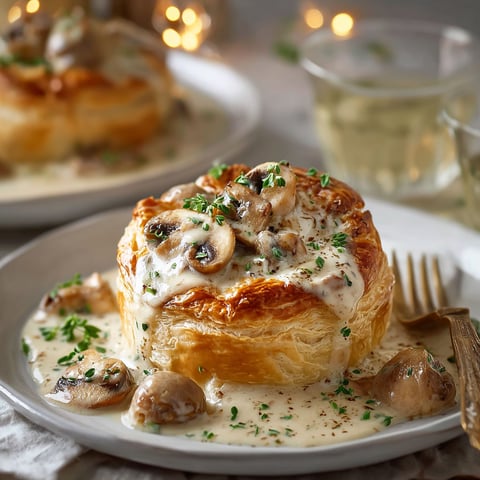 Une Bouchée à la mushroom est servie sur un plateau avec une sauce au beurre.