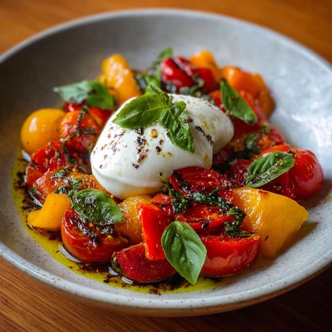 Une salade de tomates et basilic avec une sauce au pesto.