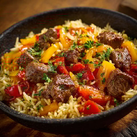 Un plat de riz et bœuf est présenté dans un bol.