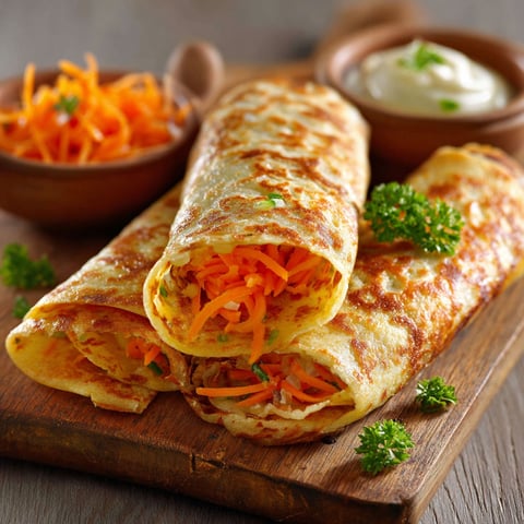 Une tortilla chaude avec des carottes et des herbes sur un plateau.