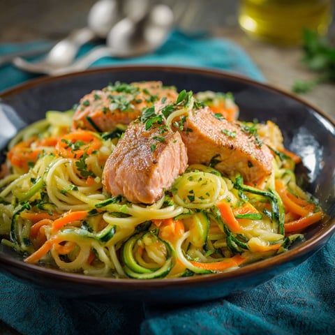 Spaghettis avec des carottes et des filets de saumon.