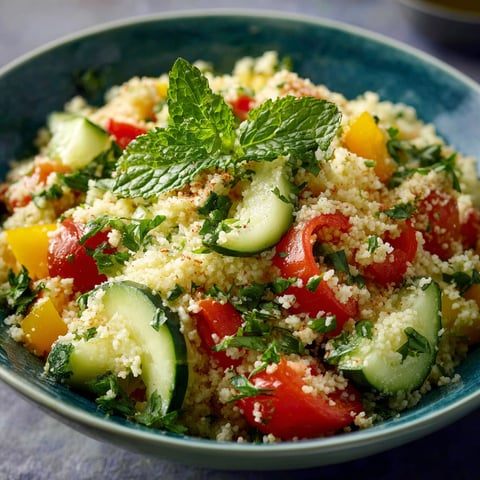 Une salade de taboulé avec des légumes frais et des herbes.