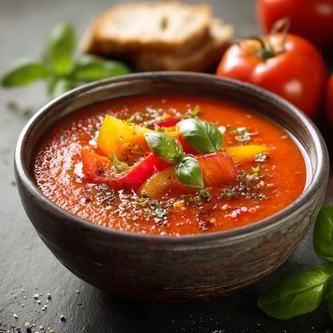 Une Soupe de tomates et de pâte de pommes de terre, garnie de basilic et de croutons.