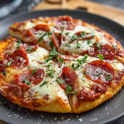 Une pizza à l'air, avec des tomates, des oignons et des herbes, est servie sur un plateau.