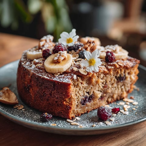 Une portion de gâteau avec des fruits et des graines sur une plaque de verre.