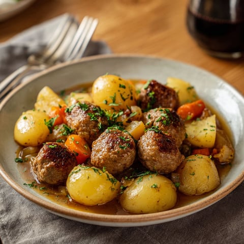 Un plat de Ragoût avec des légumes et des boulettes de viande.