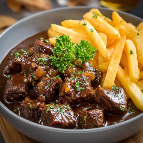 Une recette de Carbonade est servie dans un bol avec des frites et une garniture de persil.